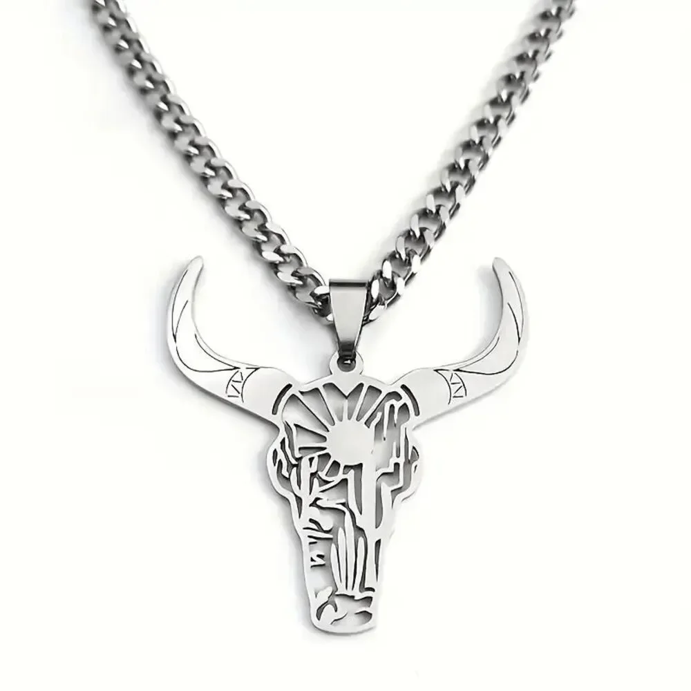 Stainless Steel Longhorn Bull Head Skull Sun Cactus Necklace
